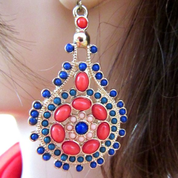 Coral orange & blue beaded dangling earrings - Picture 2 of 5